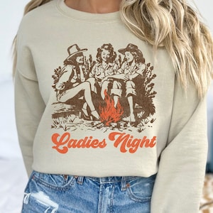 Retro Cowgirl "Ladies Night" Campfire PNG Instant Digital Download for Sublimation, SVG Vintage Western Tee Graphic, Cowboy Sublimation File