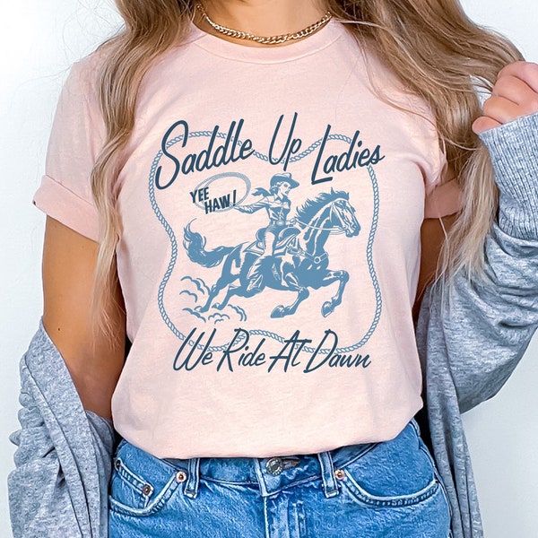 Retro Cowgirl "Saddle Up Ladies" PNG Instant Digital Download Sublimation, SVG Vintage Western T-shirt Graphic, Cowboy Tee Sublimation File