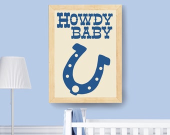 Howdy Baby Blue Cowboy Wall Art PDF, Printable Western Décor, Western Horse Shoe, Country Aesthetic, Baby Boy Nursery Room, Baby Shower Gift