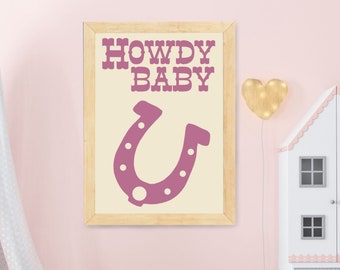 Howdy Baby Pink Cowboy Wall Art PDF, Printable Western Décor, Western Horse Shoe,Cowgirl Aesthetic, Baby Girl Nursery Room, Baby Shower Gift