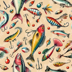 May include: A seamless pattern featuring colorful fishing lures and fish on a beige background. The lures are a variety of styles, including spinners, jigs, and plugs. The fish are a mix of realistic and cartoonish styles.