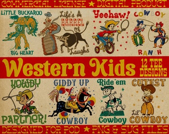 Retro Kids Western Cowboy Bundle: Vintage Clipart for Sublimation, DTG & Cut Files - Set of 12 Vintage Western PNG and SVG Files