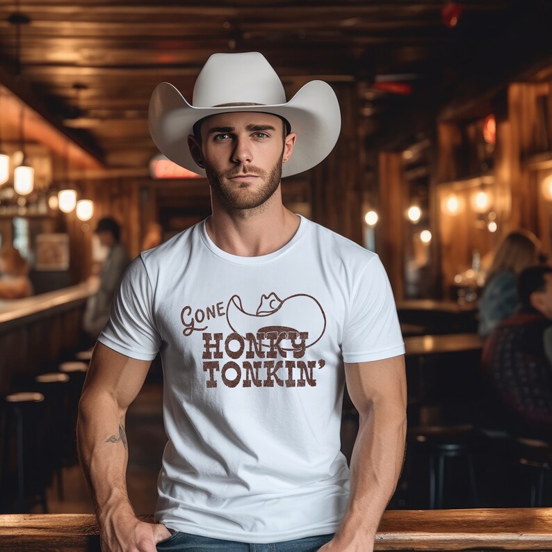 Gone Honky Tonkin' retro cowboy western digital download with cowboy hat and western style fonts