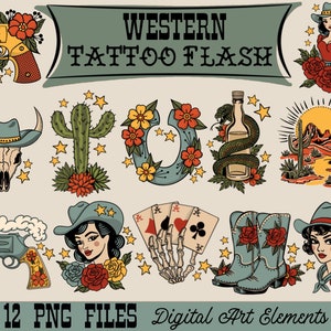 May include: A set of 12 Western tattoo flash designs, including a cactus, a horseshoe, a snake, a skull, a gun, a cowboy boot, a playing card, and a sunset scene. The designs are in a vintage style and are perfect for use as tattoos or for other creative projects.