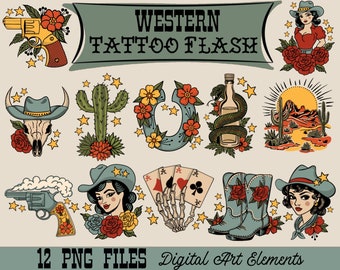 Western Tattoo Flash PNG Bundle of 12 Sublimation Design Elements Digital Download DTF Transfer Art Files