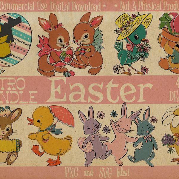 Retro Easter PNG Digital Download Bundle for Sublimation Print on Demand, Set of 40 Vintage Easter SVG Clipart, Children Clipart