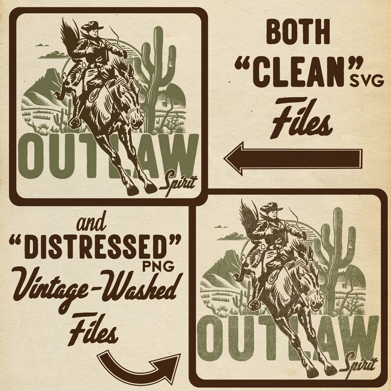 Outlaw Spirit Retro Western Cowboy Digital Download - Great for Sublimation, DTG, Cut Files - in Both SVG and PNG File Formats