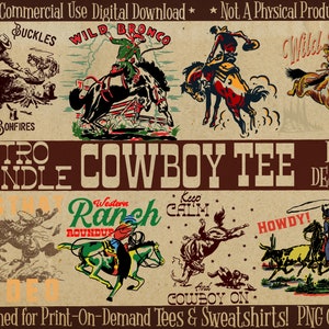 Retro Cowboy PNG Digital Download Bundle #1 for Sublimation, Set of 12 Vintage Western PNG Files for Print On Demand, Cowboy Clipart