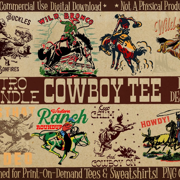 Retro Cowboy PNG Digital Download Bundle #1 for Sublimation, Set of 12 Vintage Western PNG Files for Print On Demand, Cowboy Clipart