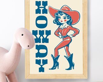 Howdy Cowgirl Western Wall Art Printable PDF Decor for Baby Girl Nursery Country Theme Gift