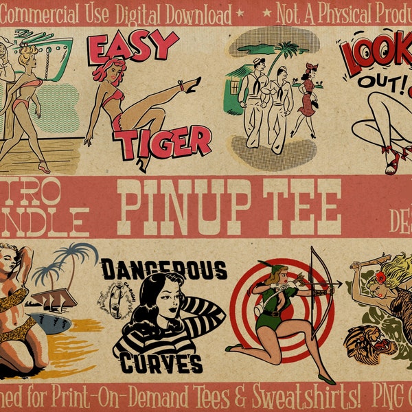 Retro Pinup Vintage PNG Digital Download Bundle for Sublimation, Set of 12 Vintage Pinup PNG Files for Print On Demand, Midcentury Pinup Art