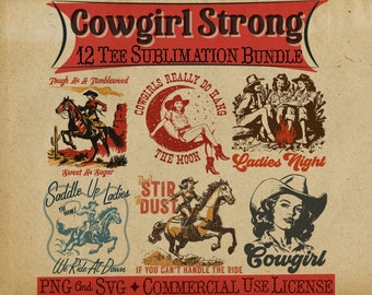 Cowgirl Strong Bundle - 12 Retro Western PNG Sublimation Digitaler Download-Designs & SVG-Dateien zum Schneiden enthalten -Western T-Shirt Grafiken