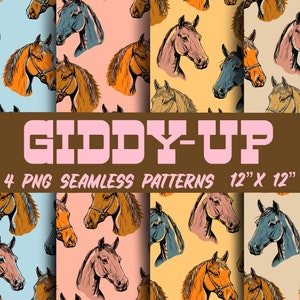 May include: Four seamless digital patterns featuring horse head illustrations in various colours. The patterns are 12 inches by 12 inches and are labelled "Giddy-Up".