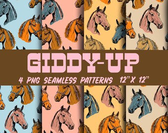 Retro Western Horse Seamless Repeat Pattern PNG Sublimation Digital Download, Cowboy Horse, Vintage Country Aesthetic Home Decor, 4 Colors