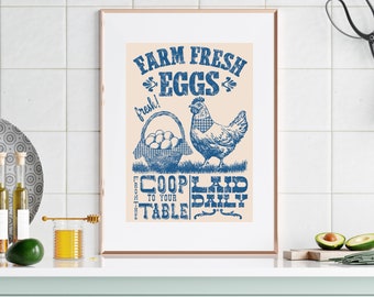 Rustic Chicken Wall Art PDF, Printable Fresh Eggs Decor, Vintage Country Kitchen Poster, Cottagecore Print