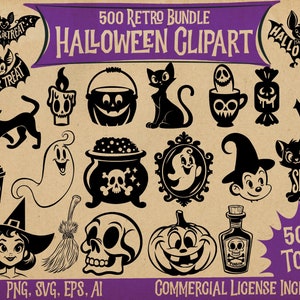 Retro Halloween MEGA Bundle 500 Clipart Digital Downloads, Great for Sublimation, Cricut, Vintage Halloween Clipart, Png, Svg, AI, Eps files