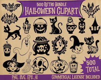 Retro Halloween MEGA Bundle 500 Clipart Digital Downloads, Great for Sublimation, Cricut, Vintage Halloween Clipart, Png, Svg, AI, Eps files