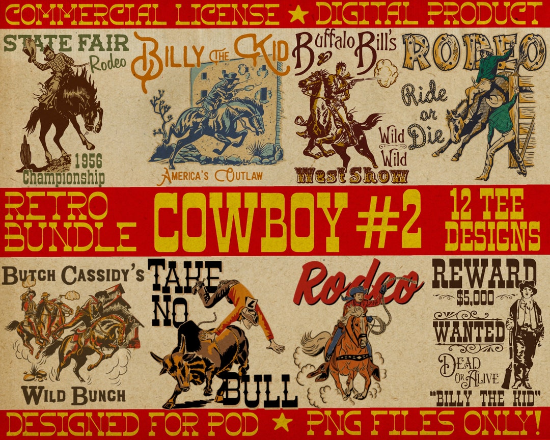 Retro Cowboy Western PNG Designs, Bundle #2, Set of 12 Western Digital ...