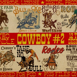 Retro Cowboy Western PNG Designs, Bundle #2, Set of 12 Western Digital Files for Sublimation, Cowboy Clipart, Rodeo, Bullfighting, Outlaws