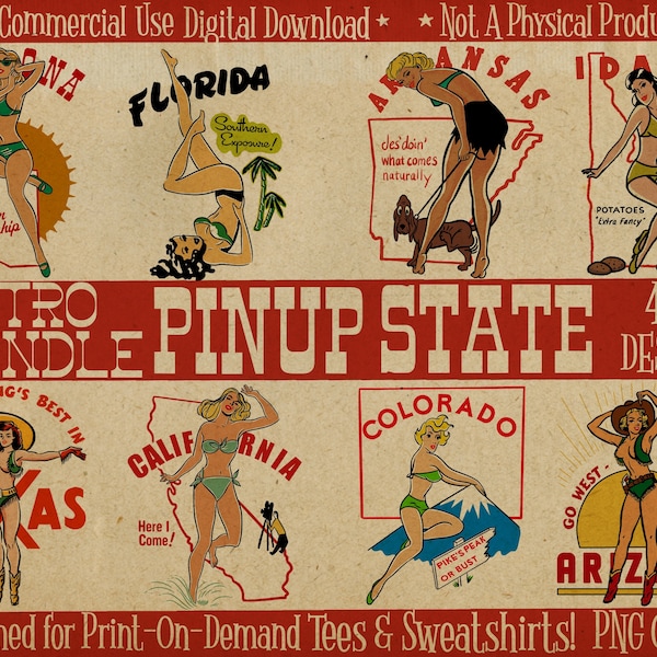 Vintage Pinup State PNG Digital Download Bundle for Sublimation, Set of 45 Vintage Pinup State PNG Files for Print On Demand, Midcentury Art