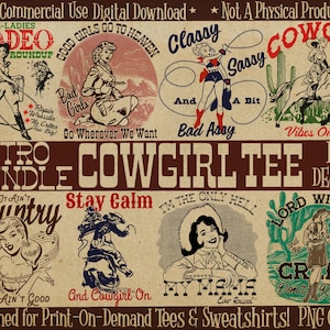 Retro Cowgirl PNG Digital Download Bundle for Sublimation, Set of 12 Vintage Western PNG Files for Print On Demand, Midcentury Clipart