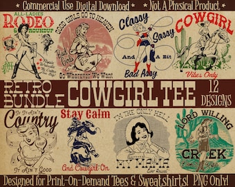 Retro Cowgirl PNG Digital Download Bundle for Sublimation, Set of 12 Vintage Western PNG Files for Print On Demand, Midcentury Clipart