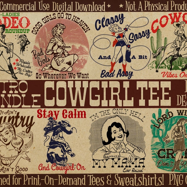 Retro Cowgirl PNG Digital Download Bundle for Sublimation, Set of 12 Vintage Western PNG Files for Print On Demand, Midcentury Clipart