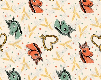 Retro Western Horse Seamless Repeat Pattern PNG Sublimation Digital Download, Cowboy Horse Kids Nursery, Country Aesthetic Kids Bedroom