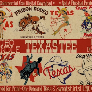 Retro Texas PNG Digital Download Bundle für Sublimation, Set von 12 Vintage Texas PNG Dateien für Print On Demand, Midcentury Cowboy Clipart