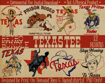 Retro Texas PNG Digital Download Bundle für Sublimation, Set von 12 Vintage Texas PNG Dateien für Print On Demand, Midcentury Cowboy Clipart