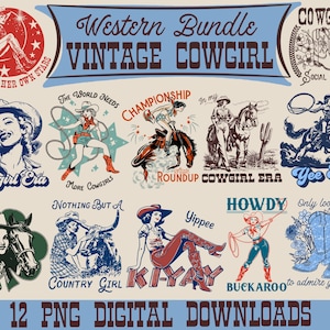 Può includere: Un set di 12 illustrazioni digitali a tema cowgirl vintage. Le illustrazioni presentano una varietà di design, tra cui una cowgirl a cavallo, una cowgirl con un lazo e una cowgirl con una pistola. Le illustrazioni sono in stile retrò con colori vivaci e linee audaci. Il testo "Western Bundle Vintage Cowgirl" è in cima all'immagine.