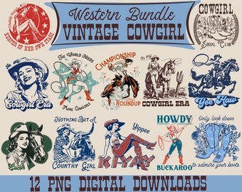 May include: A set of 12 vintage cowgirl themed digital illustrations. The illustrations feature a variety of designs, including a cowgirl riding a horse, a cowgirl with a lasso, and a cowgirl with a gun. The illustrations are in a retro style with bright colors and bold lines. The text "Western Bundle Vintage Cowgirl" is at the top of the image.