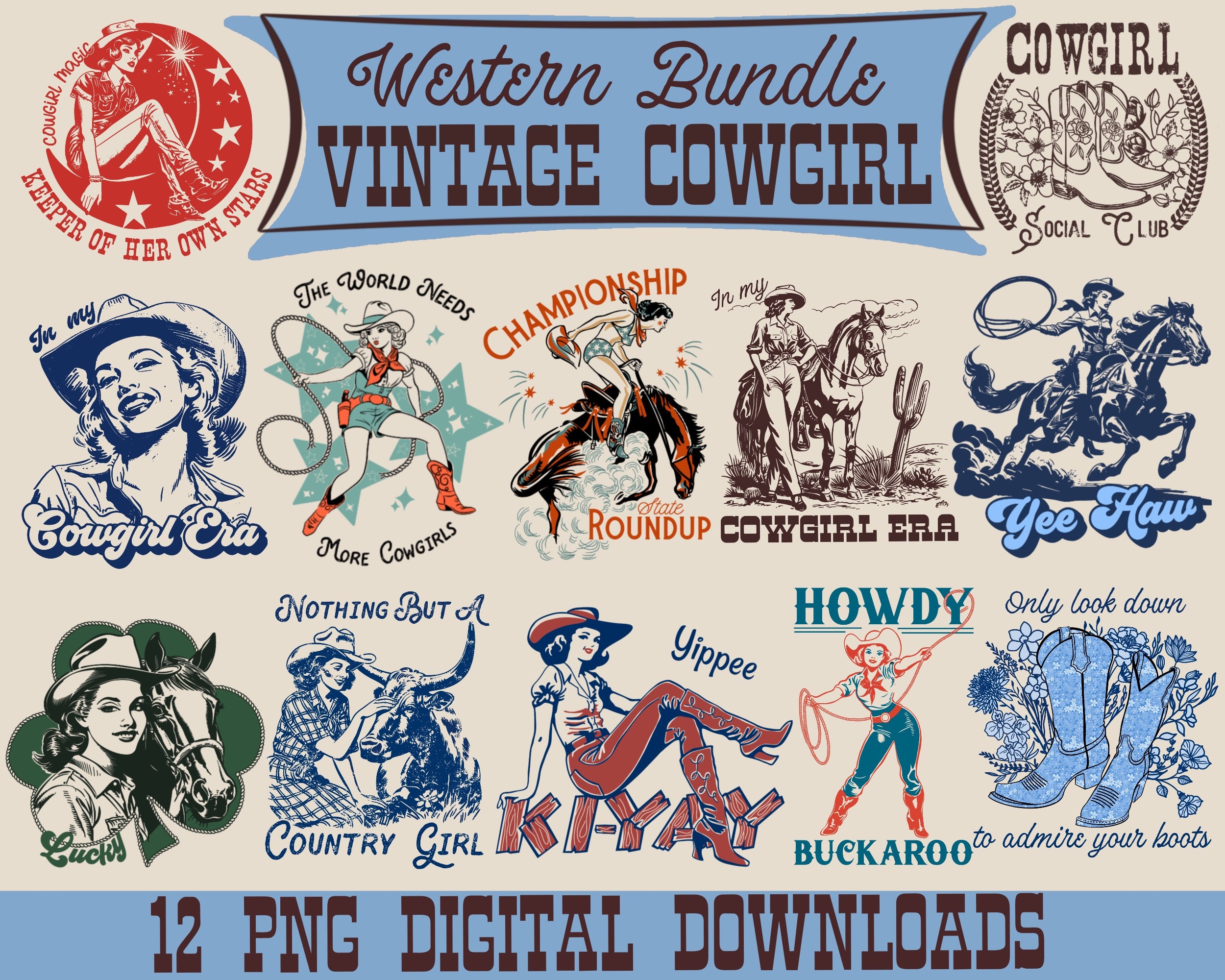 Vintage Cowgirl PNG Bündel von 12 Sublimationsentwürfen Western Digital Download DTF Transfer Art Dateien