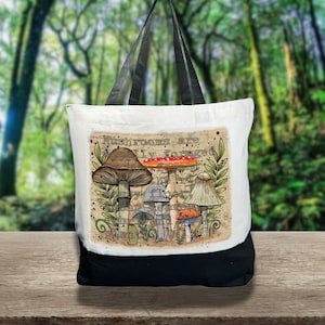 Mixed Mushroom Tote Bag~Reusable~Earth Friendly~Large Cotton Canvas Shopping Bag  Matching Accessory Pouch Included~Sturdy and Roomy Bag