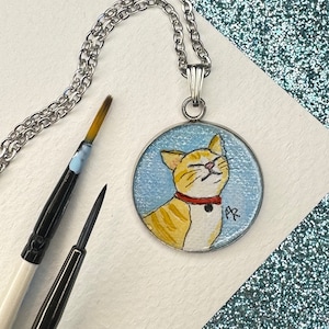 Tabby Cat Art Pendant~Hand Painted~Unique Wearable Fine Art~One of a Kind Gift~Necklace For Cat Lover~Matching Earrings~Feline Accessory