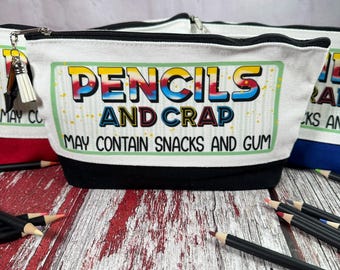 Pencils and Crap Canvas Bag, Zipper Pouch with Enamel Charm and Tassel