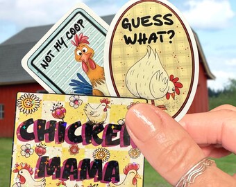 Chicken Stickers~Three Large, Cute Poultry Stickers to Choose From~Chicken Mama~Guess What?~Not my Coop Not My Poop~Original Art~Humorous