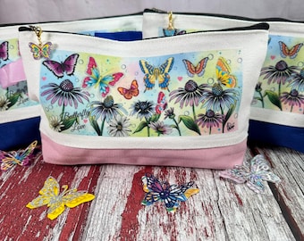 Butterfly Love Canvas Pencil Bag, Zipper Pouch with Enamel Charm