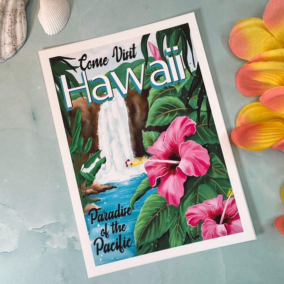 Visit Hawaii Vintage Style Travel Print~Colorful Scene with Waterfall and Hibiscus~Tropical Aesthetic~Retro Art For Framing~Island Decor