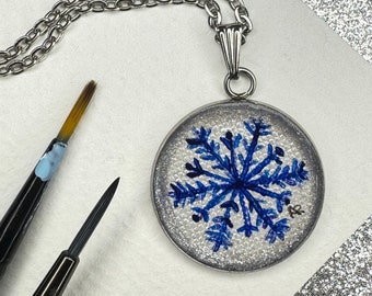 Snowflake Art Pendant~Hand Painted~Unique Wearable Fine Art~One of a Kind Gift~Necklace for Snowflake Lover~ With Earrings~Winter Accessory