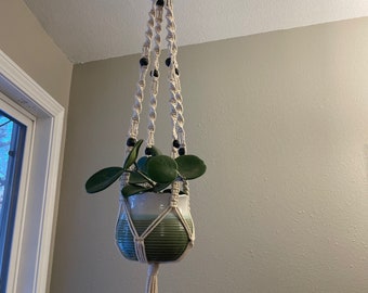 May include: A macrame plant hanger with a white and black beaded design, holding a ceramic pot with a green and white gradient. The pot contains a green plant with round leaves. The hanger is suspended from a white hook.