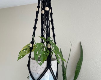 Black Macrame plant hanger, boho plant hanger, macrame plant holder, hanging pot holder, plant display, wall hanging, ceiling planter.