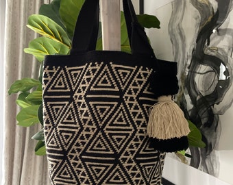Black and Beige 100% Handmade Wayuu Mochila Bag