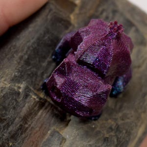 May include: A small, 3D-printed purple and blue object, possibly a miniature vehicle, rests on a dark grey rock. The object has a textured surface and appears to be made of plastic. The rock is held in a hand, suggesting a small scale.