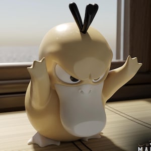 May include: A yellow, smooth-surfaced figurine of a duck-like creature with a large white beak, narrow eyes, and three black hair-like protrusions on its head. The figure has raised arms and is positioned near a window. A logo reads MAPLE 3D PRINTING.