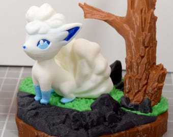 Alolan Vulpix Fox Pokemon Diorama on Wood Base with Tree - Gaming Display Collectible