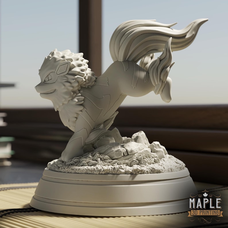 May include: A matte white 3D printed figurine of a creature with a thick mane and a large, flowing tail, posed in a dynamic leap on a rocky base. The base is circular and smooth. The text MAPLE 3D PRINTING is visible in the bottom right corner.