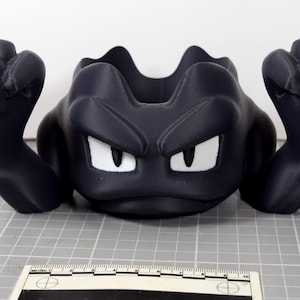 May include: A matte black planter shaped like a character with two raised fists, a furrowed brow, and white eyes. The planter is positioned behind a ruler showing measurements in centimetres, with a small stack of colourful plastic building blocks nearby.