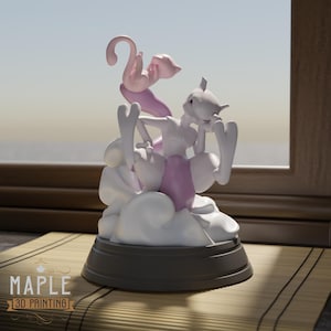 May include: A 3D printed figurine featuring a white Mewtwo character with purple accents, positioned above a smaller pink Mew character. The figures are mounted on a circular black base, with the text MAPLE 3D PRINTING visible at the bottom.