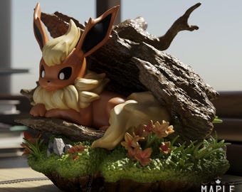 Figura miniatura de exhibición de Flareon Eeveelution Forest Log Diorama Pintable White PLA Blanco
